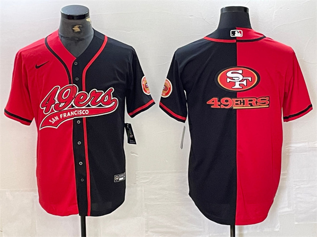 Men's San Francisco 49ers Red/Black Split Team Big Logo With Patch Cool Base Stitched Baseball Jersey Men's San Francisco 49ers Red/Black Split Team Big Logo With Patch Cool Base Stitched Baseball Jersey